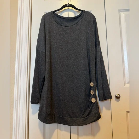 Grey Long Sleeve Tunic Top – Women’s XL – Side Button Detail - Picture 1 of 4